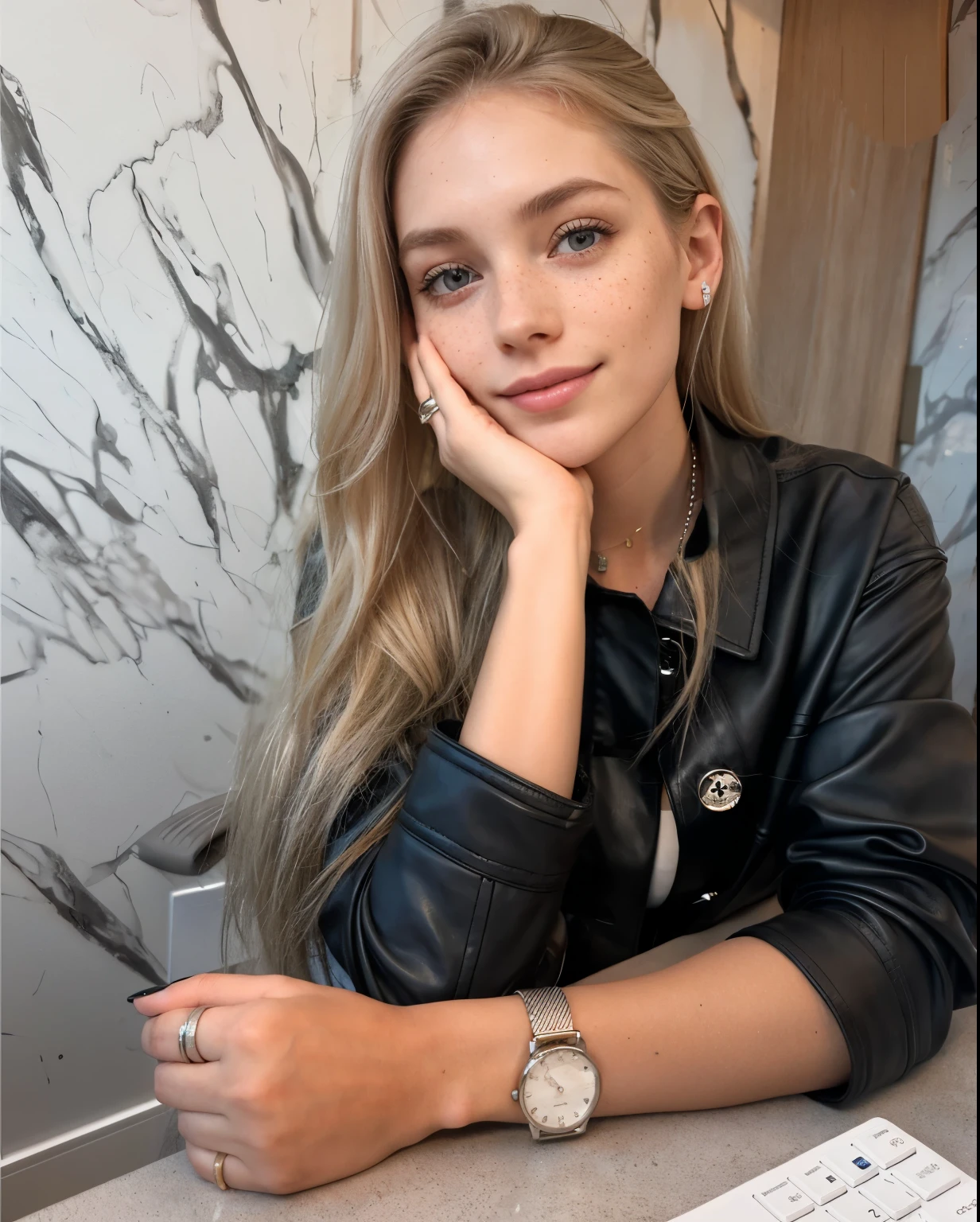 Woman, americana, age 25, pale skin and freckles, grey-eyed, delicate nose, soft and delicate lips, distant, cabelo blondie distant e ondulado na altura da cintura, Sweet smile, face with delicate feminine facial features, highly rendered, black leather pants