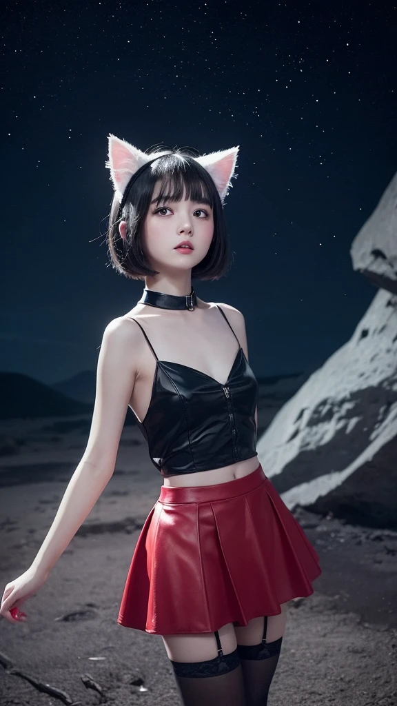 Delicate and dainty young woman with shiny bob-cut black hair and cat ears. She is wearing red cute wear with mini-skirt. The background is a fantastic and ethereal night sky that seems to be haunted by a specter. Her expression is stern and atmospheric. 10 years old, real photo style, stockings, beautiful face