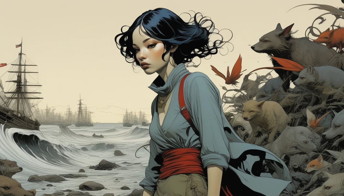 por Jean-Baptiste Monge e Tomer Hanuka, Cartuxa 78, wide angle, hyper detailled, comic book cover art, bold lines, expressive drawing, American Female