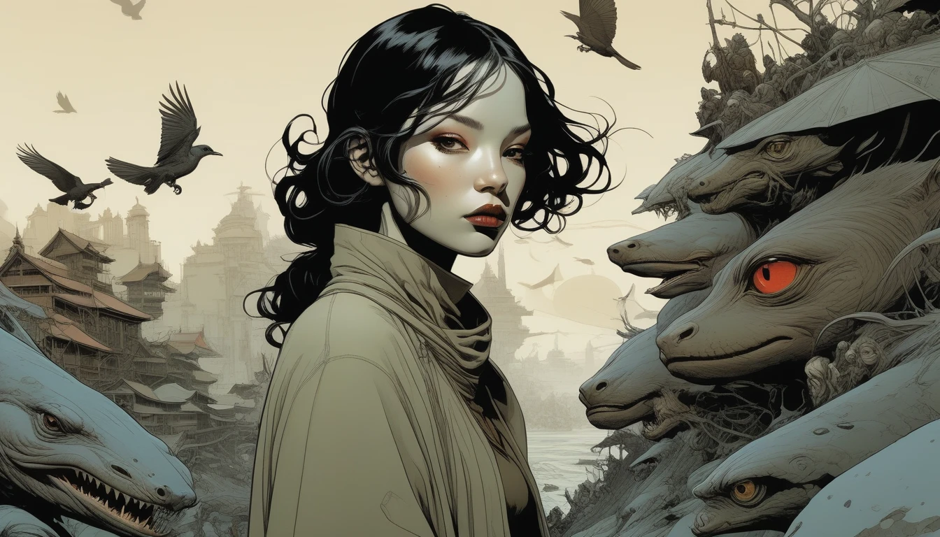 por Jean-Baptiste Monge e Tomer Hanuka, Cartuxa 78, wide angle, hyper detailled, comic book cover art, bold lines, expressive drawing, American Female