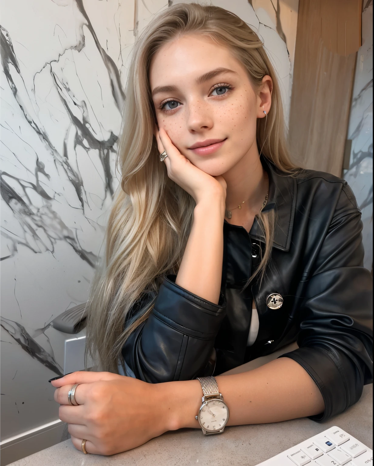 Woman, americana, age 25, pale skin and freckles, grey-eyed, delicate nose, soft and delicate lips, distant, cabelo blondie distant e ondulado na altura da cintura, Sweet smile, face with delicate feminine facial features, highly rendered, black leather pants