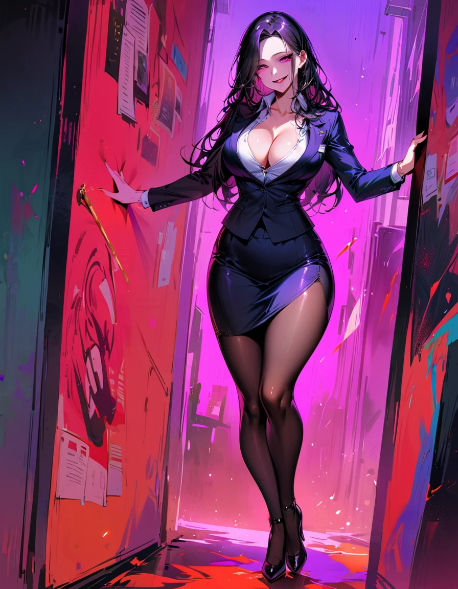 Mature beautiful woman,(Highest quality,Extremely detailed depiction,Incredibly absurd high resolution,Anatomically accurate depiction,Curvy Legs),(Glowing Skin,Shiny skin),(Office Lady,An excellent female secretary,Villainess),(business suit,Tight Skirt,Formal Shirt,High heels,Black Pantyhose,Luxurious accessories),eyelash,(Purple eyes,Detailed pupil,Half-closed eyes:1.3,There is cleavage in the chest,Wicked Smile,Glossy red lipstick,Seductive gestures),whole body,(background:In the office,)