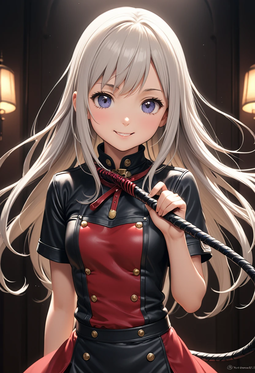 (((Pixel Perfect,Perfect in every detail))), A girl around ,smile,,NSWF,A cute leather whip,whip,cinematic,whipを手に持っている,Long Hair
