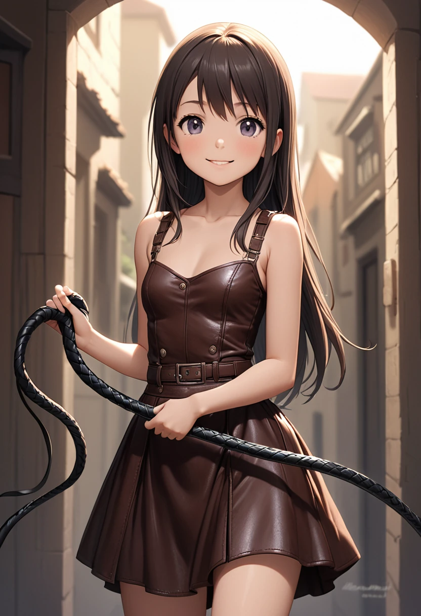 (((Pixel Perfect,Perfect in every detail))), A girl ,smile,,NSWF,A cute leather whip,whip,cinematic,whipを手に持っている,Long Hair