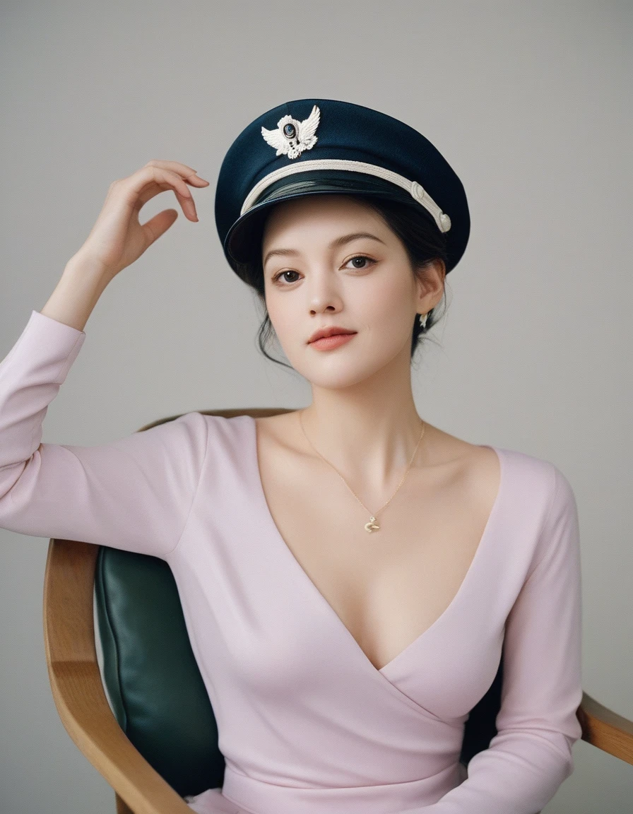 mixgirl, quite a bit body of a beautiful cute long and slender face Japanese girl, A gorgeous young cute asian woman in a seglamourous outfit, happy smiling, still from the film, ((young Marion Cotillard face : 1.2)), ((young Anne Hathaway face: 1.0)), from front, realistic portrait photo of a cute 21 years old girl, looks at viewer, wavy nose, full lips, natural skin, skin moles,(cinematic, film grain:1.1), ((asian winged eyes, very long and slender slim face, windy tousled, very long straight black hair)), pretty eyes, gorgeous, sexy,luring, makeup, perfect face, seductive look, bedroom eyes,1girl, beautiful, AmeliaCapXLP, MoriCalliope, long hair, hime cut, pink hair, cleavagelbow gloves, navy uniform, capatin's hat, large breasts, huge brpinup pose, se pose, dynamic pose, sexy body, cowboy shot, masterce, ultra-detailed, semi-realistic, full body, crossed legs, captain's chair, medals, (Leica SL3, Summicron-SL 75 f/2 ASPH, kodak Ektar 200 film), hands up, bokeh, silhouette, shallowed depth of field, dynamic action pose, hands up,