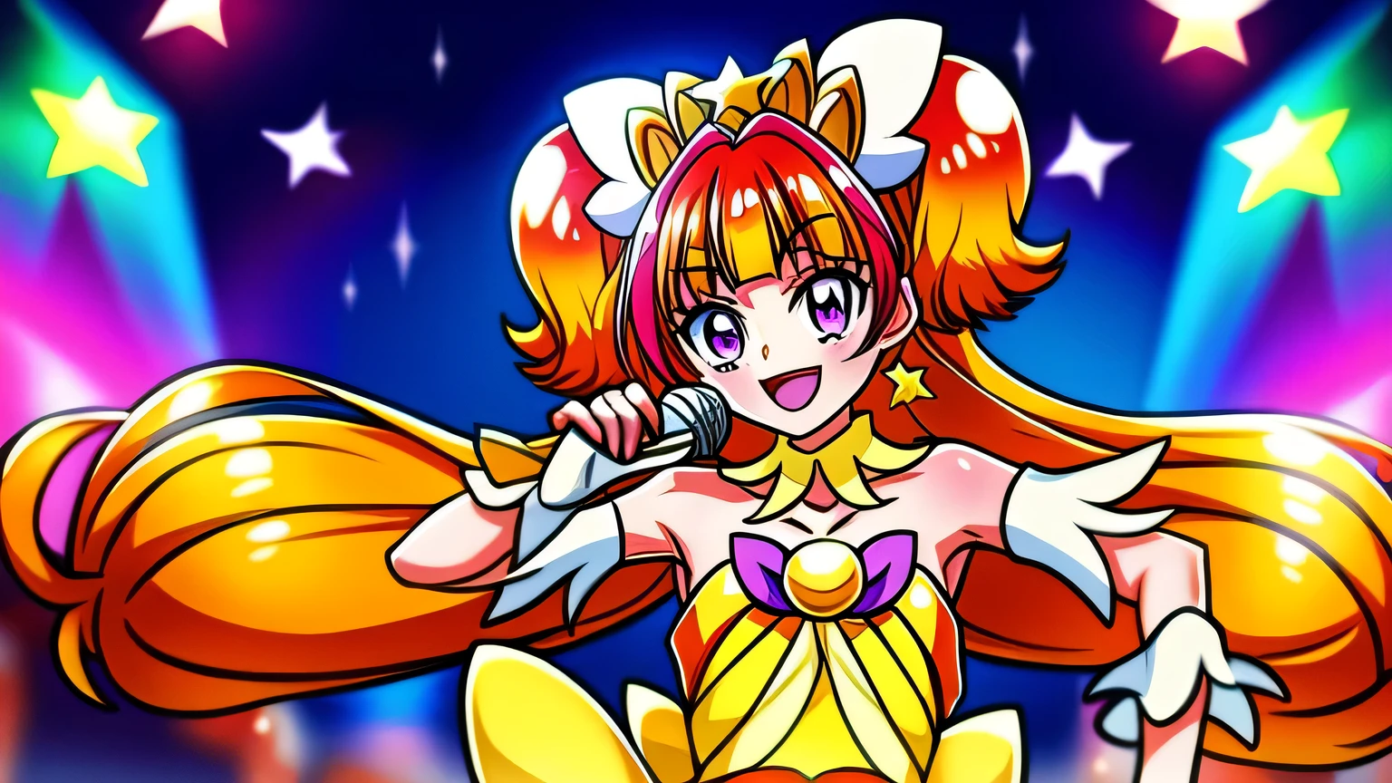 1girl, cure twinkle, stage, live concert, singing, holding a microphone, audience, :D, smile, cute, dazzling, beautiful, aesthetic, absurdes