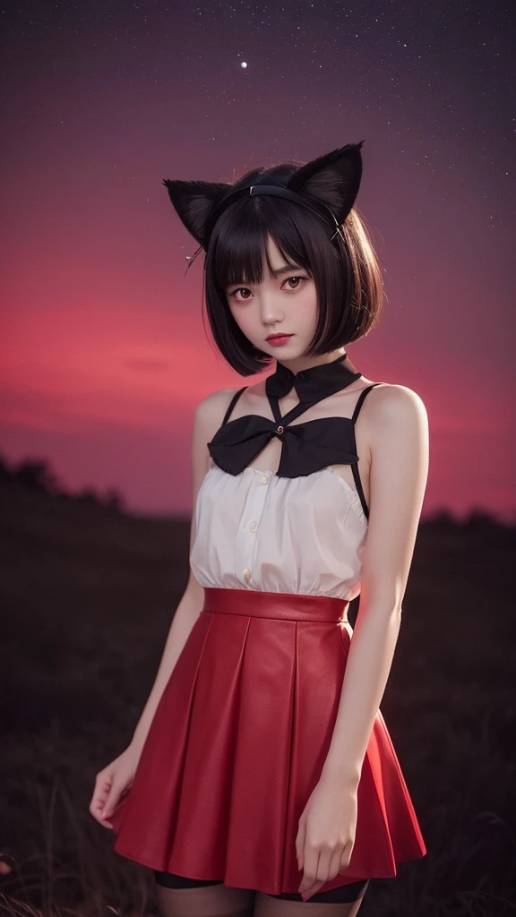 Delicate and dainty young woman with shiny bob-cut black hair and cat ears. She is wearing red cute wear with mini-skirt. The background is a fantastic and ethereal night sky that seems to be haunted by a specter. Her expression is stern and atmospheric. 16 years old, real photo style, stockings, beautiful face