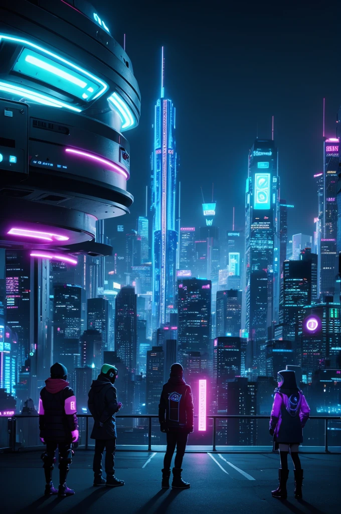 South Park characters in a futuristic setting, with high-tech gadgets, sleek cyberpunk clothing, and neon-lit cityscape in the background