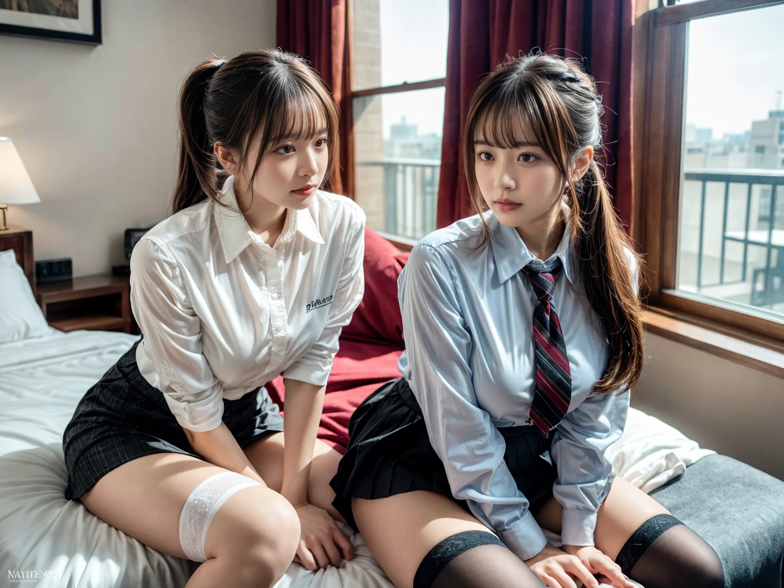 (8K, RAW Photos, Highest quality, masterpiece:1.2), (professional photography, full colors, studio-caliber color grading), (Gravure quality for high-end fashion magazines), (2 girls), BREAK,18 year old girl, (fluffy ponytail:1.2), Big Natural Color Lip, Plumpy body, (smooth skin:1.1), huge breasts, BREAK, (collared shirt:1.1), pleated skirt, knee high socks, BREAK, hotel room, cute , lolita