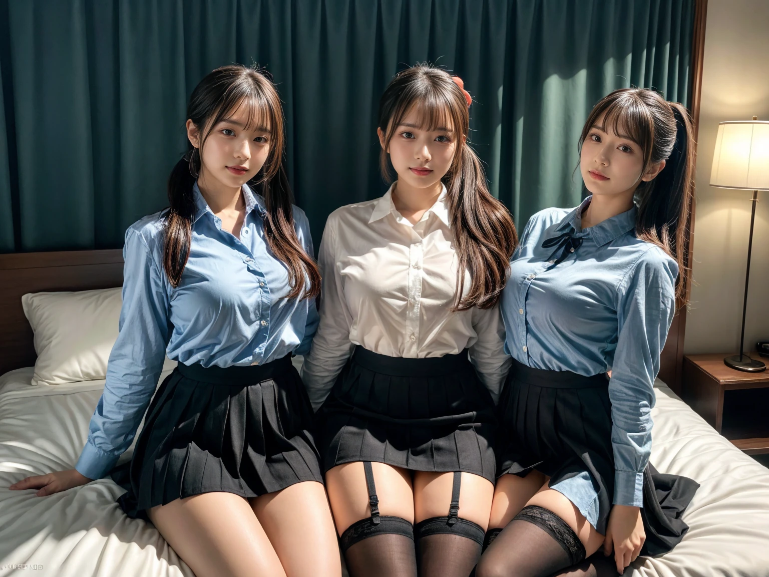 (8K, RAW Photos, Highest quality, masterpiece:1.2), (professional photography, full colors, studio-caliber color grading), (Gravure quality for high-end fashion magazines), (2 girls), BREAK,18 year old girl, (fluffy ponytail:1.2), Big Natural Color Lip, Plumpy body, (smooth skin:1.1), huge breasts, BREAK, (collared shirt:1.1), pleated skirt, knee high socks, BREAK, hotel room, cute , lolita