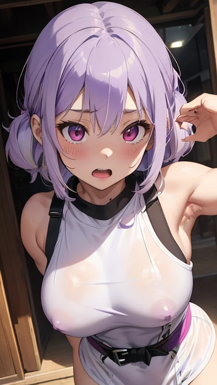 mastute piece,Best Quality,insanely detailed,8k cg,nsfw,
(shoot upper body:1.3),
(1girls:1.3),standing,looking at viewr,body in front,(arms behind back:1.4),(martial-arts wear:1.3,white dogi:1.3),Martial arts uniform:1.3、BREAK,
blush,shy,(ecstasy face),(trembling:1.2),BREAK,(light purple hair:1.3),
BREAK,
perfect breasts,perfect teats,(open mouth:0.9),(large breasts:1.2),
(dojo),dojo、