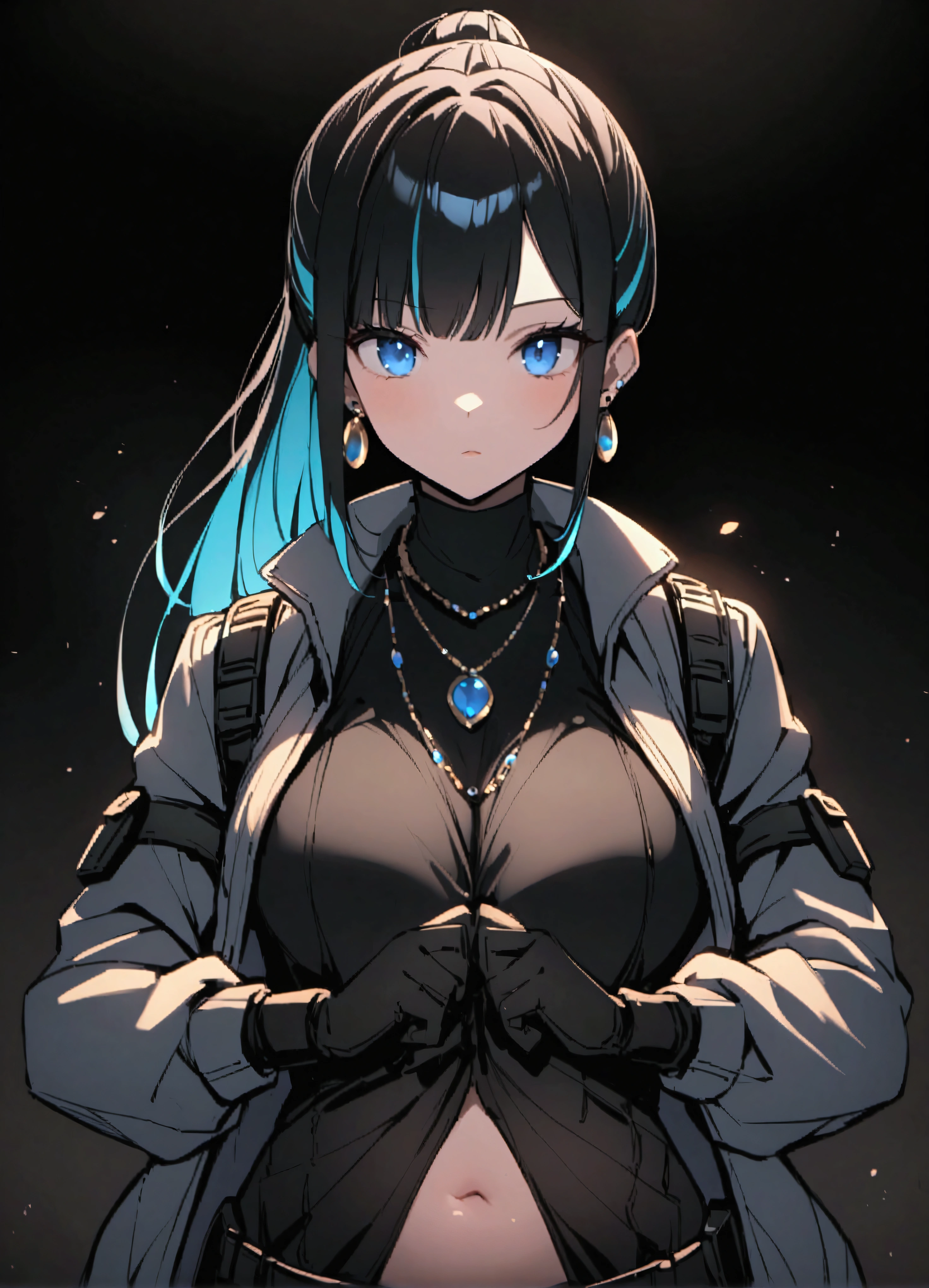 score_9、score_8_up、score_7_up、4 times、akali、solo、Black Hair、Multicolored Hair、jewelry、belly button、bangs、ponytail、Two-tone hair、Long Hair、One girl、Staring at the audience、Earrings、necklace、blue eyes、Black trousers、zPDXL、、dark_techwear、(mask)、Black background、Cowboy Shots、、amour1、particle、(黒いmask)、Long sleeve、Black gloves、Black Shirt、(Jacket)、holster、