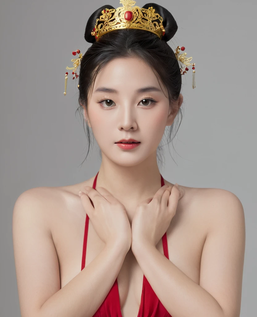 A naked woman in a red loincloth seen from the front, with her hands open, wearing a crown of the size of a Chinese empress, and her hair tied up in a ponytail.