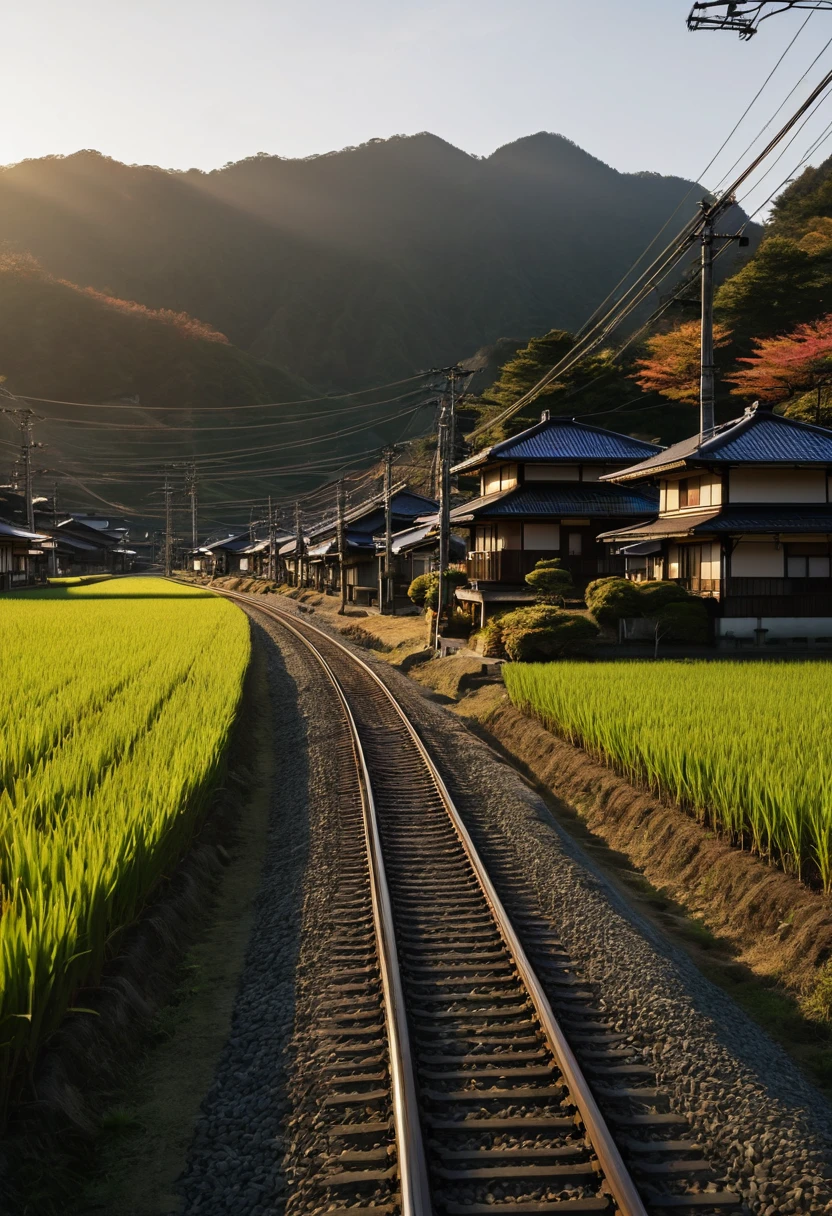 8K quality, ultra-high definition and realistic. A Japanese mountain village as dusk approaches. Rice fields spread out beside the village. A gradation of the sunset. The shadows of the houses in the village are completely shadowed by the backlight. A railway line stretches out from the shadows towards us. A local train slowly approaches us. The train's headlights reflect off the tracks, making them shine. The silhouette of a train running towards the camera. The inside of the train is bright with the interior lighting. There are few people around. An autumn scene in the Japanese countryside.