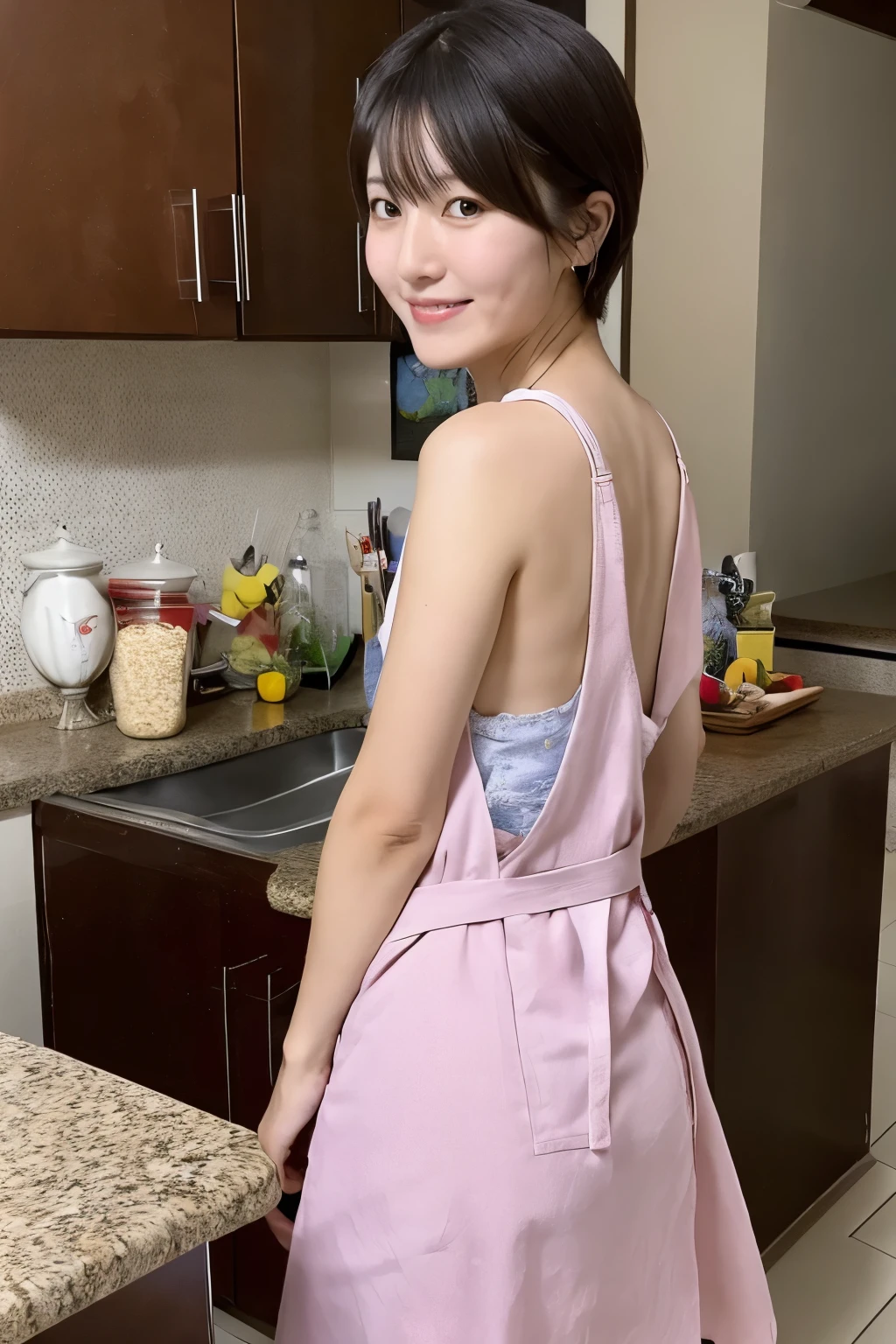 (masterpiece), high quality, high resolution, back view of a skinny Japanese woman, 40 years old, naked but wearing only an apron, short hair, cute face, detailed face, detailed eyes, standing at the kitchen, ((full body photo))