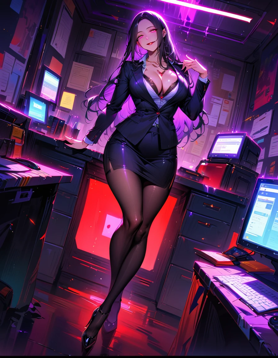 Mature beautiful woman,(Highest quality,Extremely detailed depiction,Incredibly absurd high resolution,Anatomically accurate depiction,Curvy Legs),(Glowing Skin,Shiny skin),(Office Lady,An excellent female secretary,Villainess),(business suit,Tight Skirt,Formal Shirt,High heels,Black Pantyhose,Luxurious accessories),eyelash,(Purple eyes,Detailed pupil,Half-closed eyes:1.3,There is cleavage in the chest,Wicked Smile,Glossy red lipstick,Seductive gestures),whole body,(background:In the office,)
