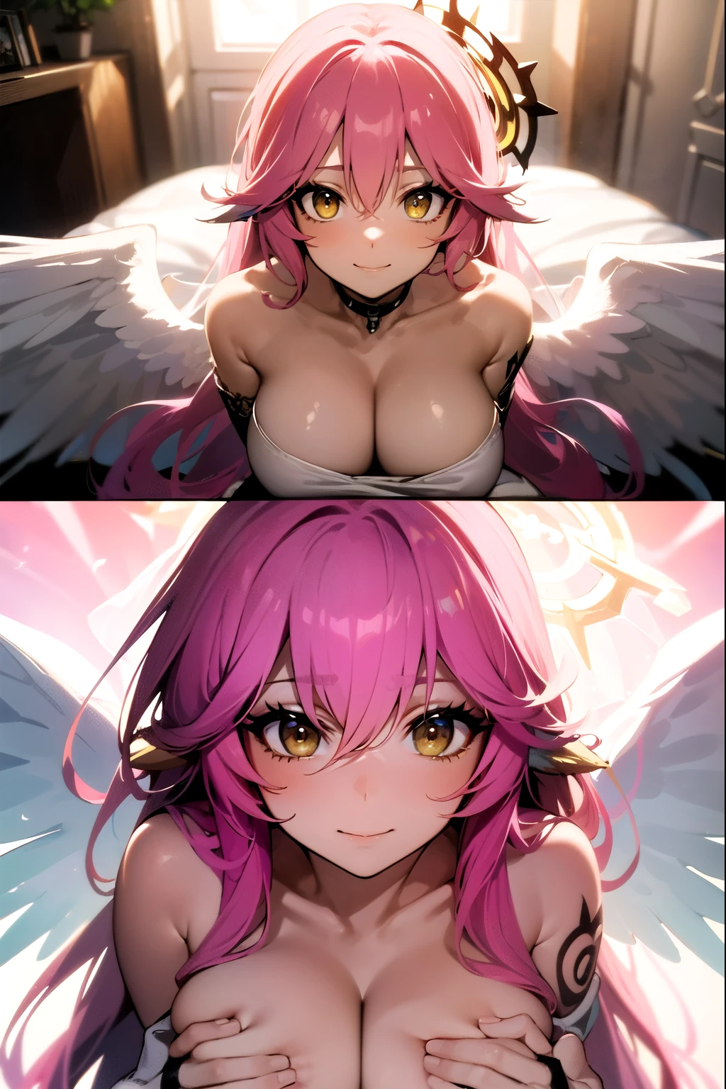 jibril, BREAK jibril, angel, angel wings, animal ears, bird ears, compass rose halo, feathered wings, feathers, gradient hair, halo, long hair, low wings, multicolored hair, pink hair, symbol-shaped pupils, tattoo, chest tattoo, white wings, wing ears, wings, (yellow eyes:1.5), seductive look, seductive smile, smug, Shiny skin, big breast. Cleavage. Wedding dress. Wedding gloves, wedding ring, wedding veil.
BREAK thighhighs, long gloves. Fully clothed.
BREAK (masterpiece:1.2), best quality, high resolution, unity 8k wallpaper, (illustration:0.8), (beautiful detailed eyes:1.6), extremely detailed face, perfect lighting, extremely detailed CG, (perfect hands, perfect anatomy), narrow eyes.