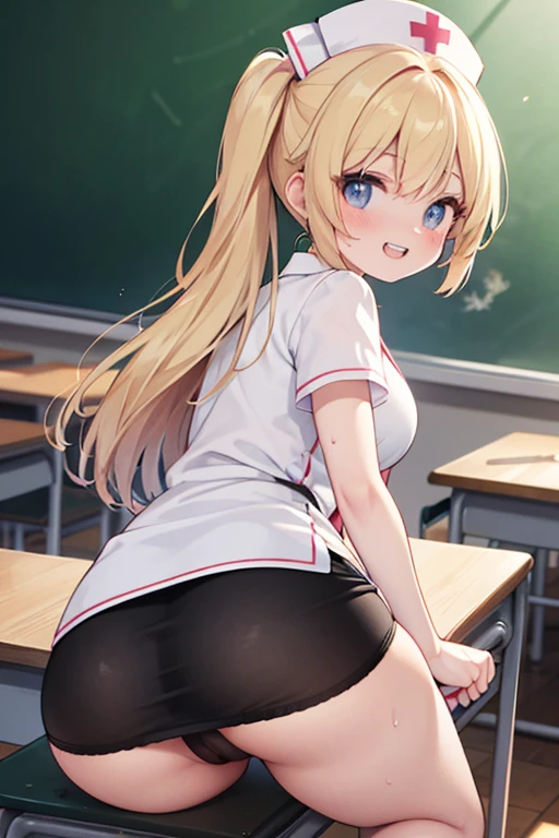 (Master of Peace, Best of quality), 25-year-old girl, teen uncensored, , , miniskirt,((Not Wearing)), Lying on the table, from behind, classroom, Smile, pleasure, Selfie, Many female classmates, warmth of, Volumetric Lighting, Soft Light, Bright，Lots of sweat，Black stockings，Nurse cap，posture，Sticking your butt out，Teeth showing，of，sexly，Sexual Expression，cunt，漏cunt，genitals，good friend，Buttocks visible，Black panties