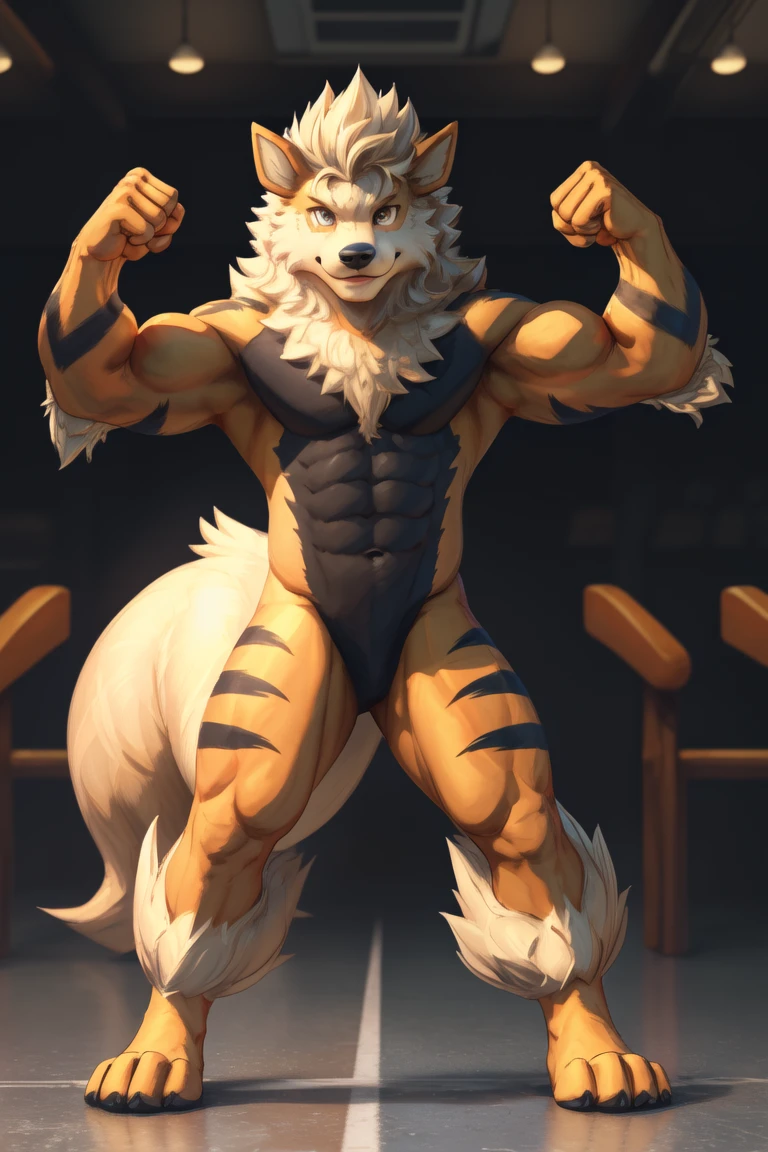 score_9, score_8_up, score_7_up, score_6_up, score_5_up, score_4_up,((arcanine(pokemon),male furry)), yellow eyes, (pose:1.3), (posing:1.3), (soft shading), 4k, hi res, five fingers, detailed hands, ((detailed face, (detailed eyes:1.3), detailed)), (((full body))),show legs,show feet,(by gammachaos:1.5), solo, looking at viewer, 1boy, standing, full body, male focus,((topless,bottomless)), abs, biceps, flexing, smile,