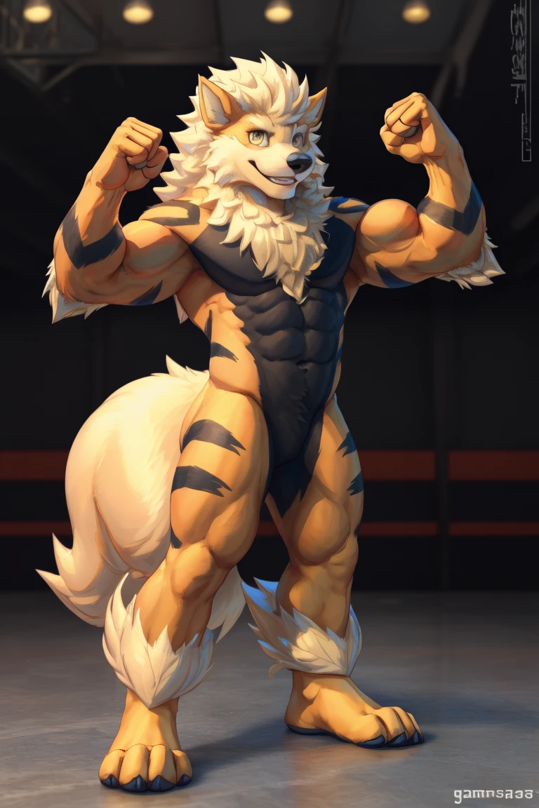 score_9, score_8_up, score_7_up, score_6_up, score_5_up, score_4_up,((arcanine(pokemon),male furry)), yellow eyes, (pose:1.3), (posing:1.3), (soft shading), 4k, hi res, five fingers, detailed hands, ((detailed face, (detailed eyes:1.3), detailed)), (((full body))),show legs,show feet,(by gammachaos:1.5), solo, looking at viewer, 1boy, standing, full body, male focus,((topless,bottomless)), abs, biceps, flexing, smile,
