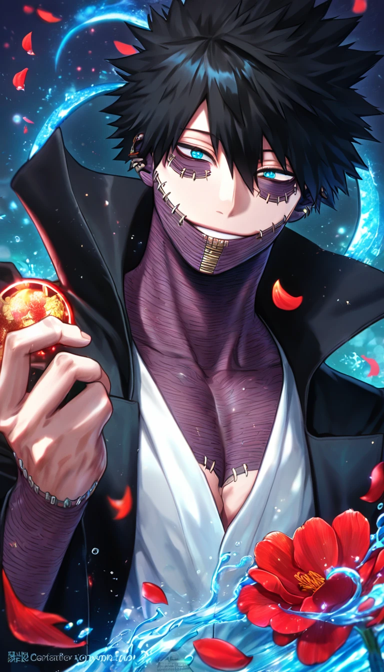 absurdres, highres, ultra detailed, HDR, master piece, Dabi, black hair, expressive turquoise eyes, black coat with high collar, white shirt, Boku No Hero Academia, sexy man, handsome, best quality, red glittering crescent moon, red flowers, fantasy, magical, solo, water, red shining fireflies, red petals, sensual, handsome smile, blue flames,