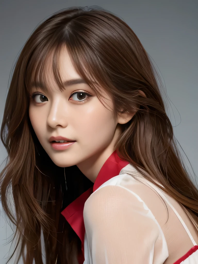 table top、highest quality、real、Super detailed、finely、High resolution、8k wallpaper、one beautiful woman、28 years old、light brown messy hair、He is wearing a red see-through dress shirt with an open collar、sharp focus、perfect dynamic composition、beautiful detailed eyes、thin hair、Detailed and realistic skin texture、smile、close up portrait、model body shape、President's Secretary、miniskirt、high heels、whole body、(Random body orientation)、