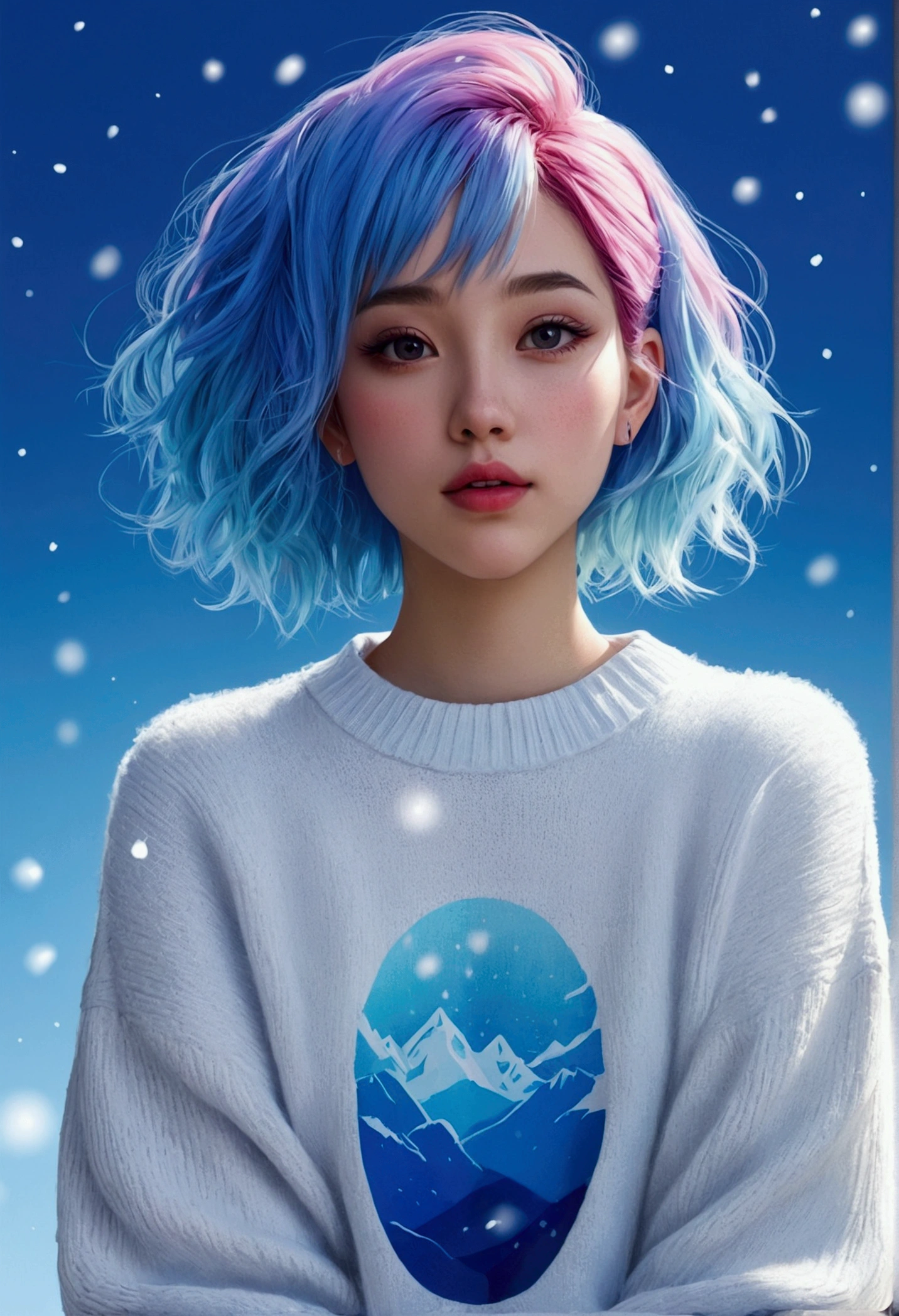 Illustrator, anime , Realistic ,sketch , One girl, ,lip, sweater,order, Blue gradient background, Neon Hair,textured crop, Canadian, (masterpiece,Highest quality)、winter、snow