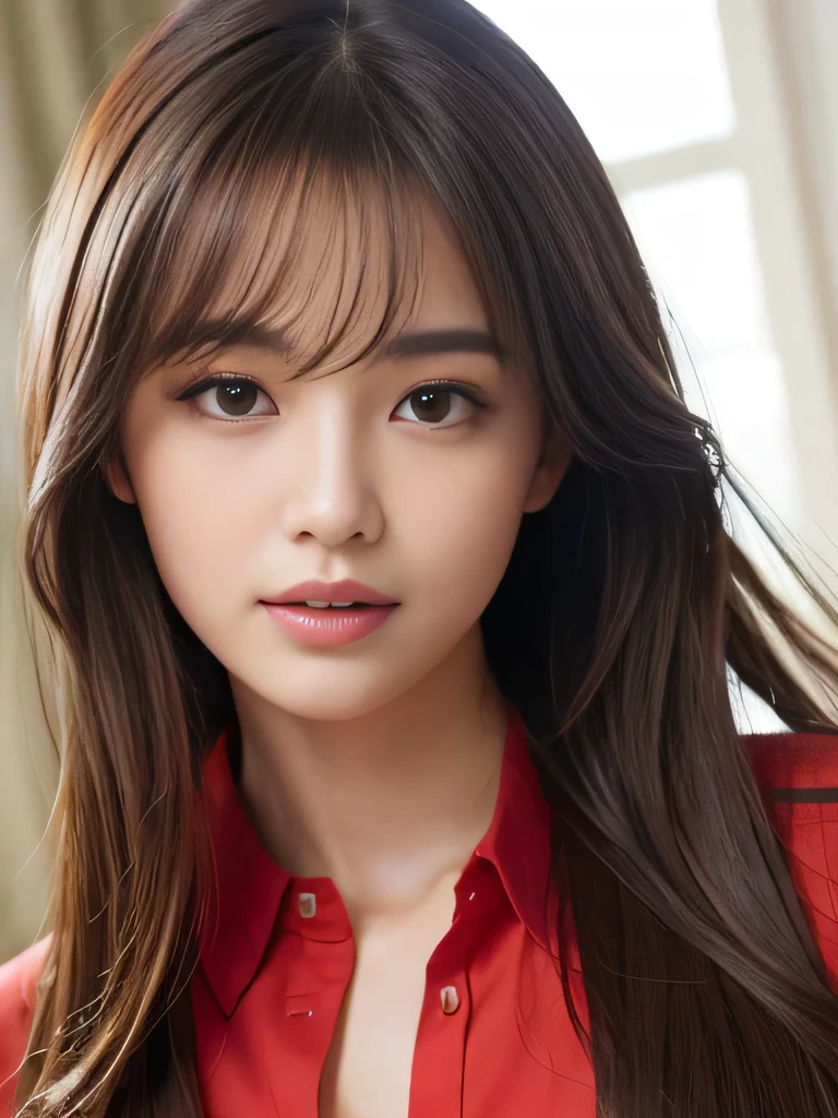 table top、highest quality、real、Super detailed、finely、High resolution、8k wallpaper、one beautiful woman、28 years old、light brown messy hair、He is wearing a red see-through dress shirt with an open collar、sharp focus、perfect dynamic composition、beautiful detailed eyes、thin hair、Detailed and realistic skin texture、smile、close up portrait、model body shape、President&#39;s Secretary、miniskirt、high heels、whole body、(Random body orientation)、