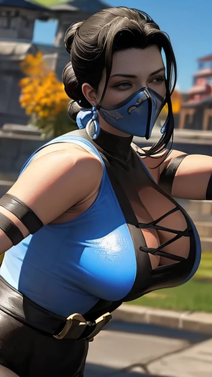 Kitana is wearing her mask and she has large breasts showing 