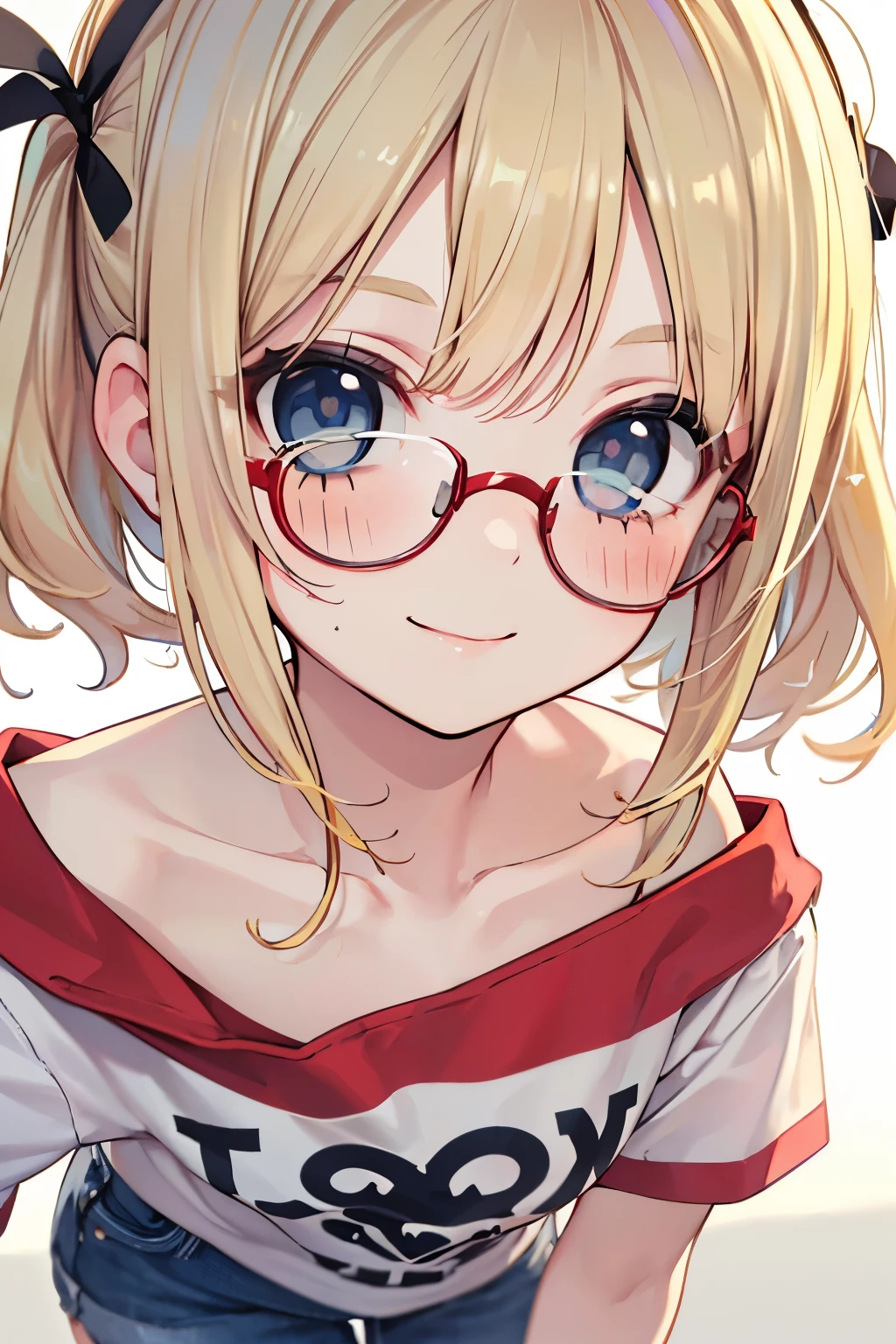 LightBlue Eyes, Very short stature, Very thin thighs,Summer clothes, highest quality,(((Blonde girl))),(Cute pose),(red cheek),((Cute voice)),Glasses, Shy Kagami Mochi、shrine，Bruises and gestures,(Close-up of face:1.1),(Nihilistic smile:1.2),(💌:1.2),(Confession:1.2).