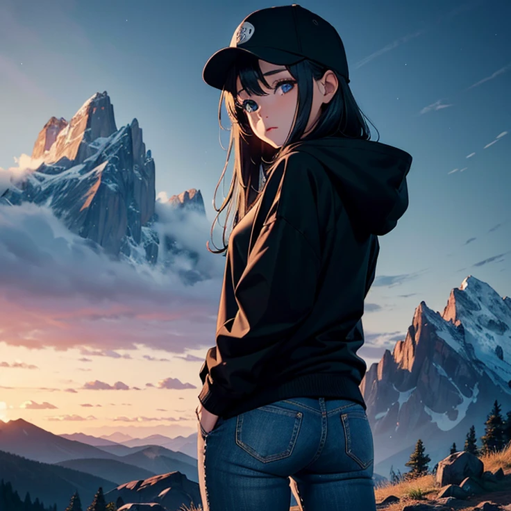 ((best quality)), ((masterpiece)), (detailed), 1 girl , black hoodie , black cap , standing position , facing backward , mountain background , night time , jeans , cap covering the face
