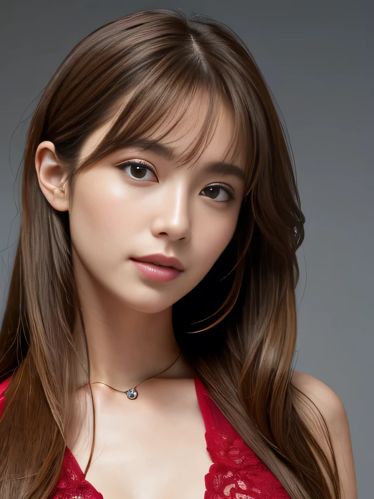 table top、highest quality、real、Super detailed、finely、High resolution、8k wallpaper、one beautiful woman、28 years old、light brown messy hair、He is wearing a red see-through dress shirt with an open collar、sharp focus、perfect dynamic composition、beautiful detailed eyes、thin hair、Detailed and realistic skin texture、smile、close up portrait、model body shape、President's Secretary、miniskirt、high heels、whole body、(Random body orientation)、