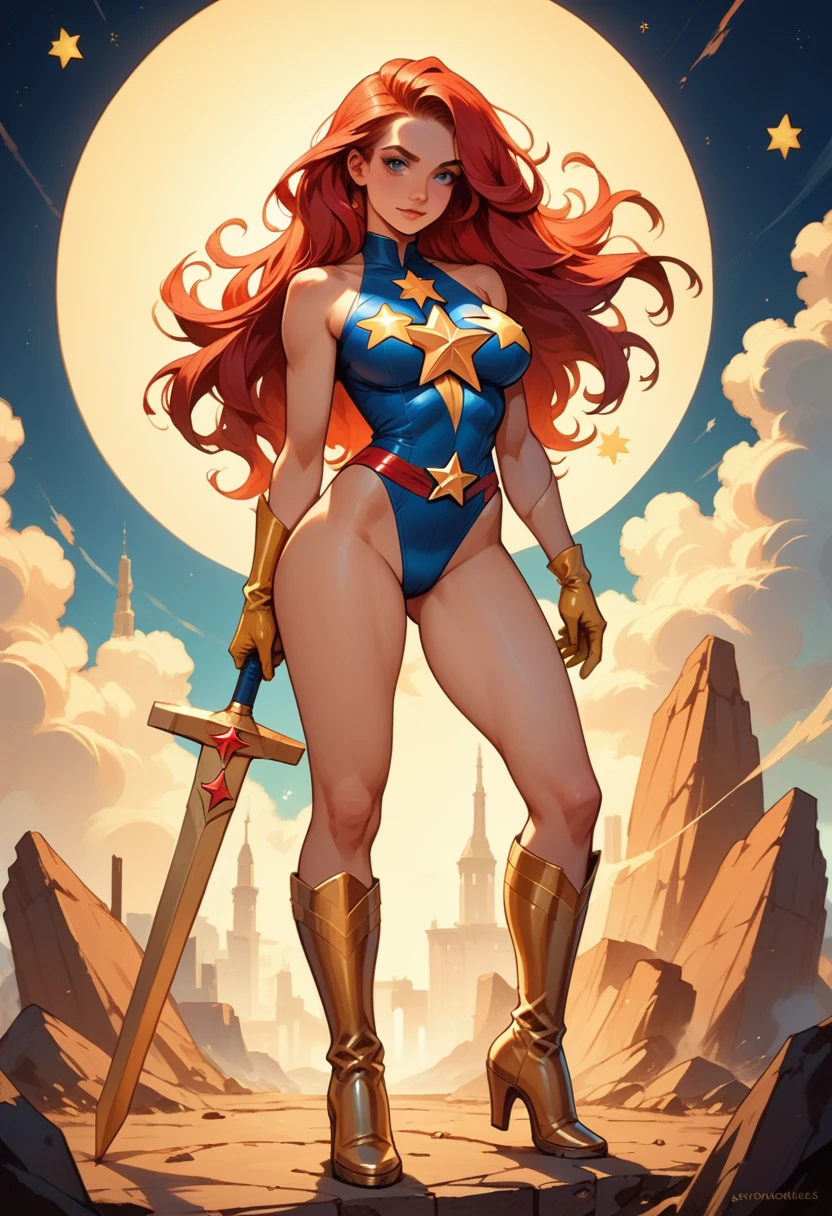 masterpiece, Sexy, Superheroine, Red hair, long hair, busty, ((blue highleg leotard with a t-back thong and a gold star insignia on chest)), gold boots, gold gloves,