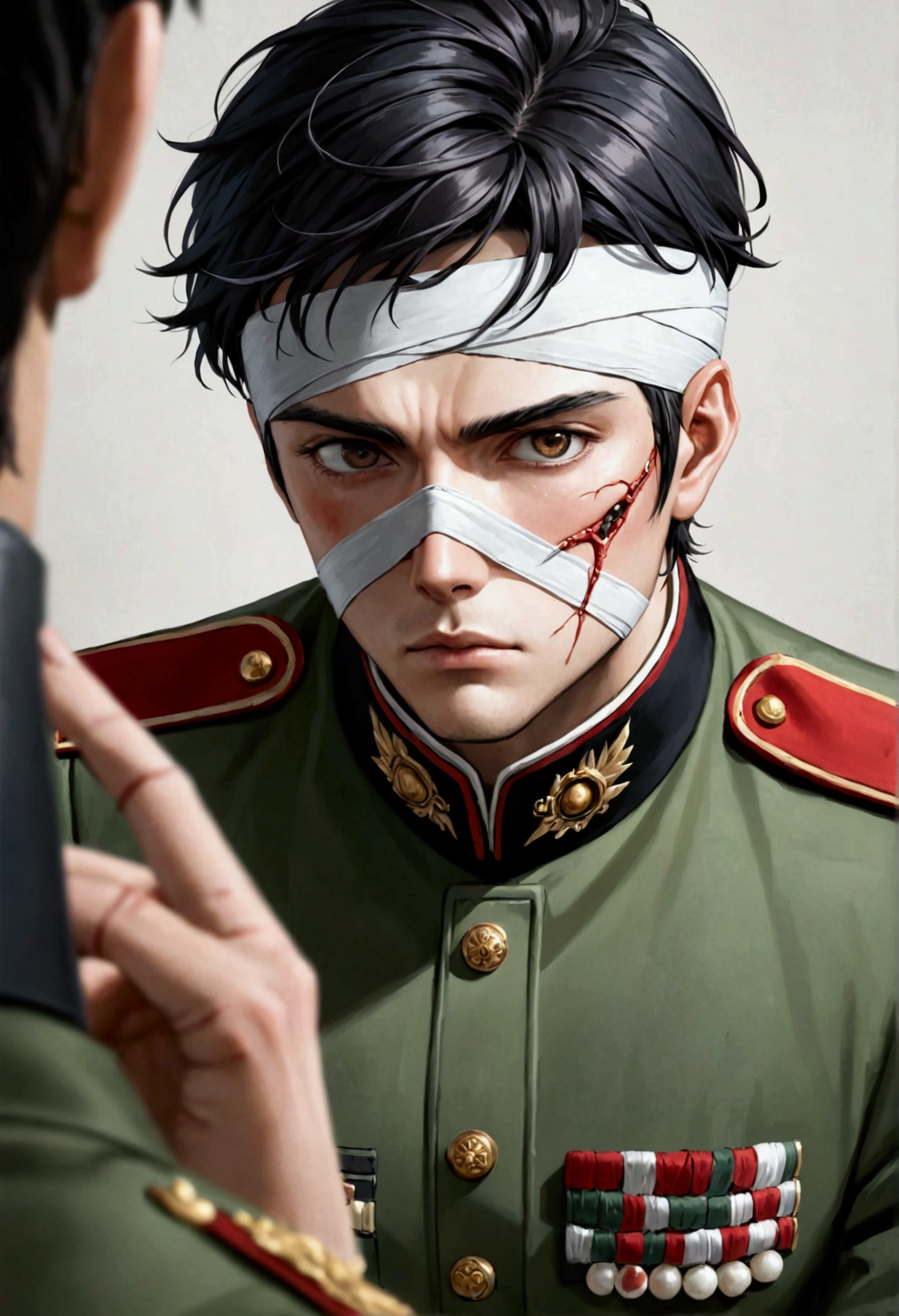 Cool guy、Black Hair、I&#39;m injured、Head bandage、Green military uniform、Brown eyes、