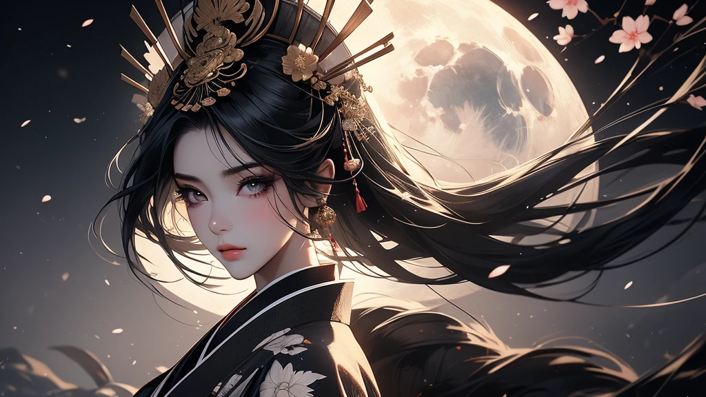 beautiful geisha girl, sakura blossoms, fujii mountain, moonlight, white and black blood color palette, sumi-e ink effects, detailed face, detailed eyes, detailed lips, long eyelashes, detailed ornaments, elegant kimono, graceful pose, cinematic lighting, highly detailed, 4k, photorealistic, masterpiece, красивые выразительные глаза