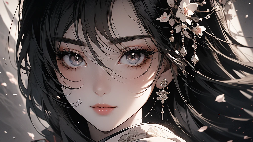 beautiful geisha girl, sakura blossoms, fujii mountain, moonlight, white and black blood color palette, sumi-e ink effects, detailed face, detailed eyes, detailed lips, long eyelashes, detailed ornaments, elegant kimono, graceful pose, cinematic lighting, highly detailed, 4k, photorealistic, masterpiece, красивые выразительные глаза