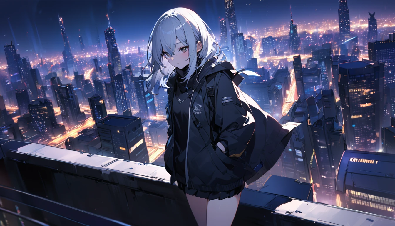 1 adult woman with long white hair, wearing a light jacket and short skirt, standing on top of a building, hands in pockets, dark city night, city view,((with city lights)) (city background is a bit blurry), night ((Wallpaper desktop HD),