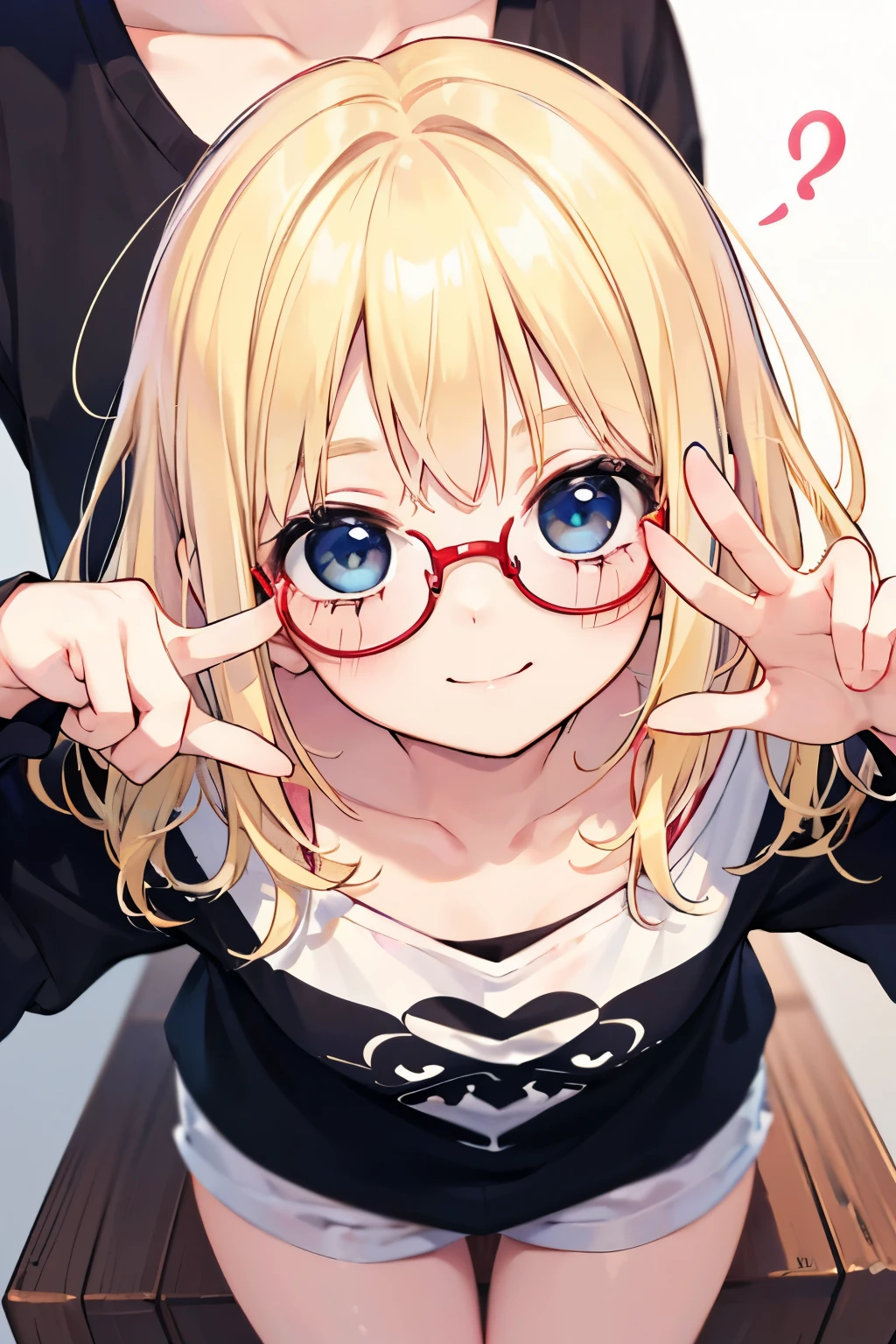 LightBlue Eyes, Very short stature, Very thin thighs,Summer clothes, highest quality,(((Blonde girl))),(Cute pose),(red cheek),((Cute voice)),Glasses, Shy Kagami Mochi、shrine，Bruises and gestures,(Close-up of face:1.1),(Nihilistic smile:1.2),(💌:1.2),(Confession:1.2).