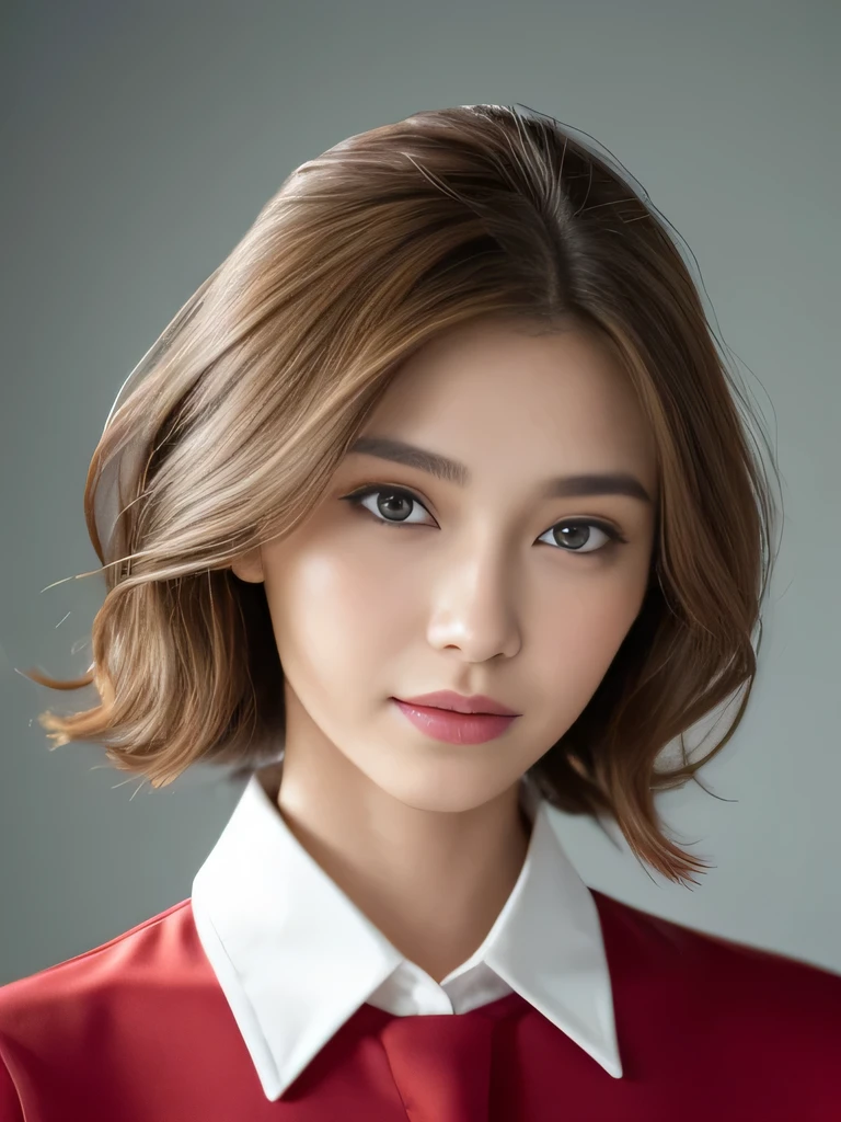 table top、highest quality、real、Super detailed、finely、High resolution、8k wallpaper、one beautiful woman、28 years old、light brown messy hair、He is wearing a red see-through dress shirt with an open collar、sharp focus、perfect dynamic composition、beautiful detailed eyes、thin hair、Detailed and realistic skin texture、smile、close up portrait、model body shape、President's Secretary、miniskirt、high heels、whole body、(Random body orientation)、