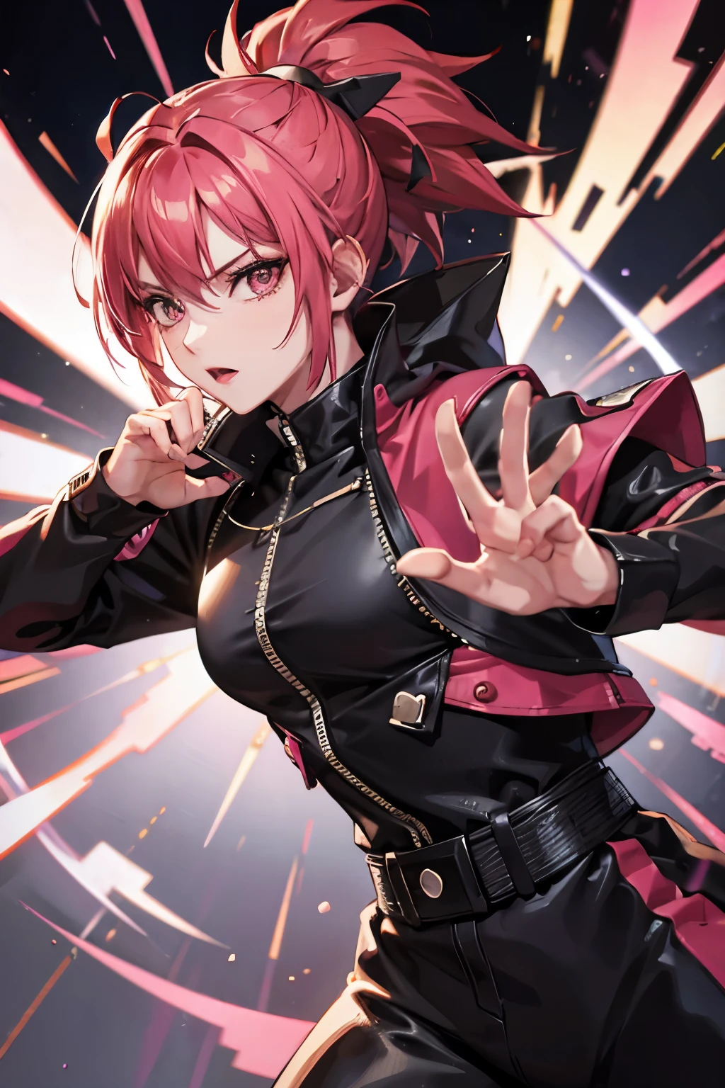 Male hybrid saiyan with pink super saiyan hair and a red and black jacket with a sword on its back