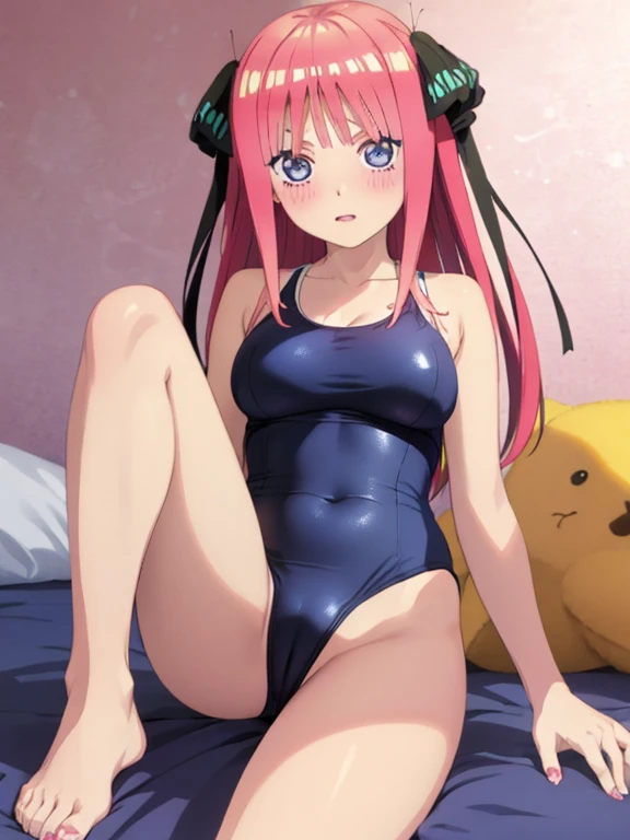 best quality, insanely detailed, nino nakano, breasts, blush, bedroom background, looking at viewer, pussy, one-piece swimsuit, cheerful eye, leg spread