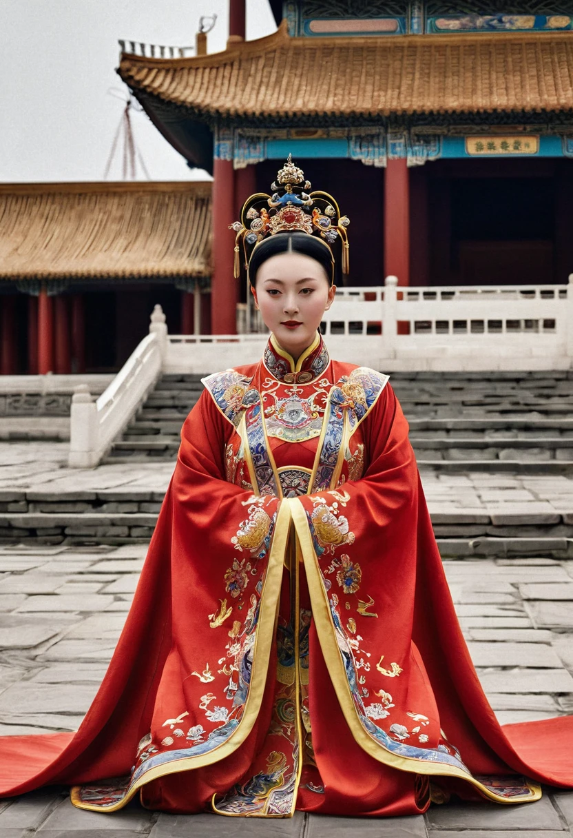 A naked Qing dynasty empress on the stone paving outside the Chinese palace of the Qing dynasty, seen from the front, wearing a red loincloth with both hands open. The Qing dynasty empress is wearing a large crown and has her hair tied up.