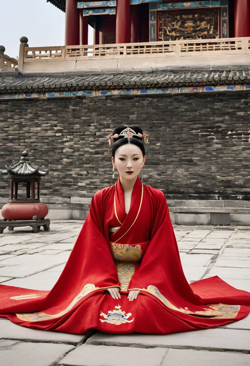 A naked Qing dynasty empress on the stone paving outside the Chinese palace of the Qing dynasty, seen from the front, wearing a red loincloth with both hands open. The Qing dynasty empress is wearing a large crown and has her hair tied up.