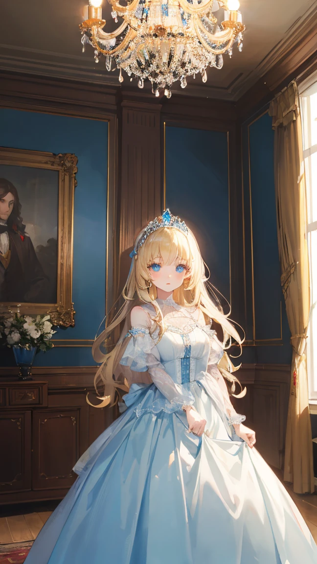 masterpiece,Highest quality,One Woman,Princess,Princess,Western-style castle,chandelier,Western-style interior,blonde,Long Hair,Long Hair,White skin,blue eyes,Big eyes,Light blue dress,tiara,confident eyes,beauty,beautiful