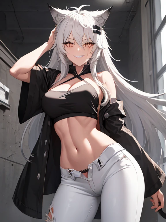 (best quality)), ((masterpiece)), (detailed), perfect face, white hair, white cat ears, white cat tail, DD cup breasts, thick thighs, glowing red eyes, smirking, sweating, sweaty armpits, pink short crop top with spaghetti straps, black revealing skirt, showing armpits