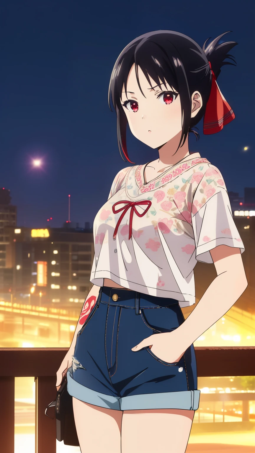 (best quality, masterpiece, 8k:1.2), (anime:1.2), detailed, Shinomiya Kaguya,1girl, solo, (black hair:1.2), side Lock, red eyes, short hair, folded ponytail, red hair ribbon, eye light, small medium breasts, (Ice cream print, Neon garland, Underwear, Lace, Cat print, Tattoos, Ultra short fit stamper flounces, Mesh tights, Short denim shorts, city, night),
Definition CG Unity, Perfect lit, bright_front_face_lit,Super detailed, photograph, 8K, nffsw, High resolution, (absurd:1.2), kodak portrait 400, film grain, Lens flare, (lively_color:1.2), looking at the viewer, (cowboy shot:1.2), dynamic angle, 