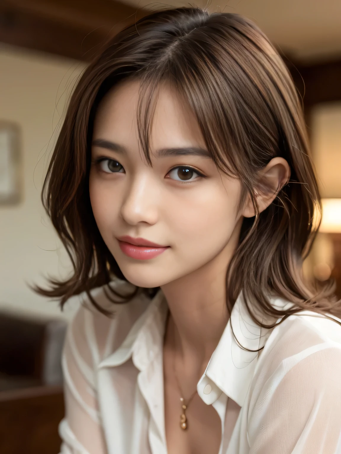 table top、highest quality、real、Super detailed、finely、High resolution、8k wallpaper、one beautiful woman、、light brown messy hair、He is wearing a red see-through dress shirt with an open collar、sharp focus、perfect dynamic composition、beautiful detailed eyes、thin hair、Detailed and realistic skin texture、smile、close up portrait、model body shape、President's Secretary、miniskirt、high heels、whole body、(Random body orientation)、