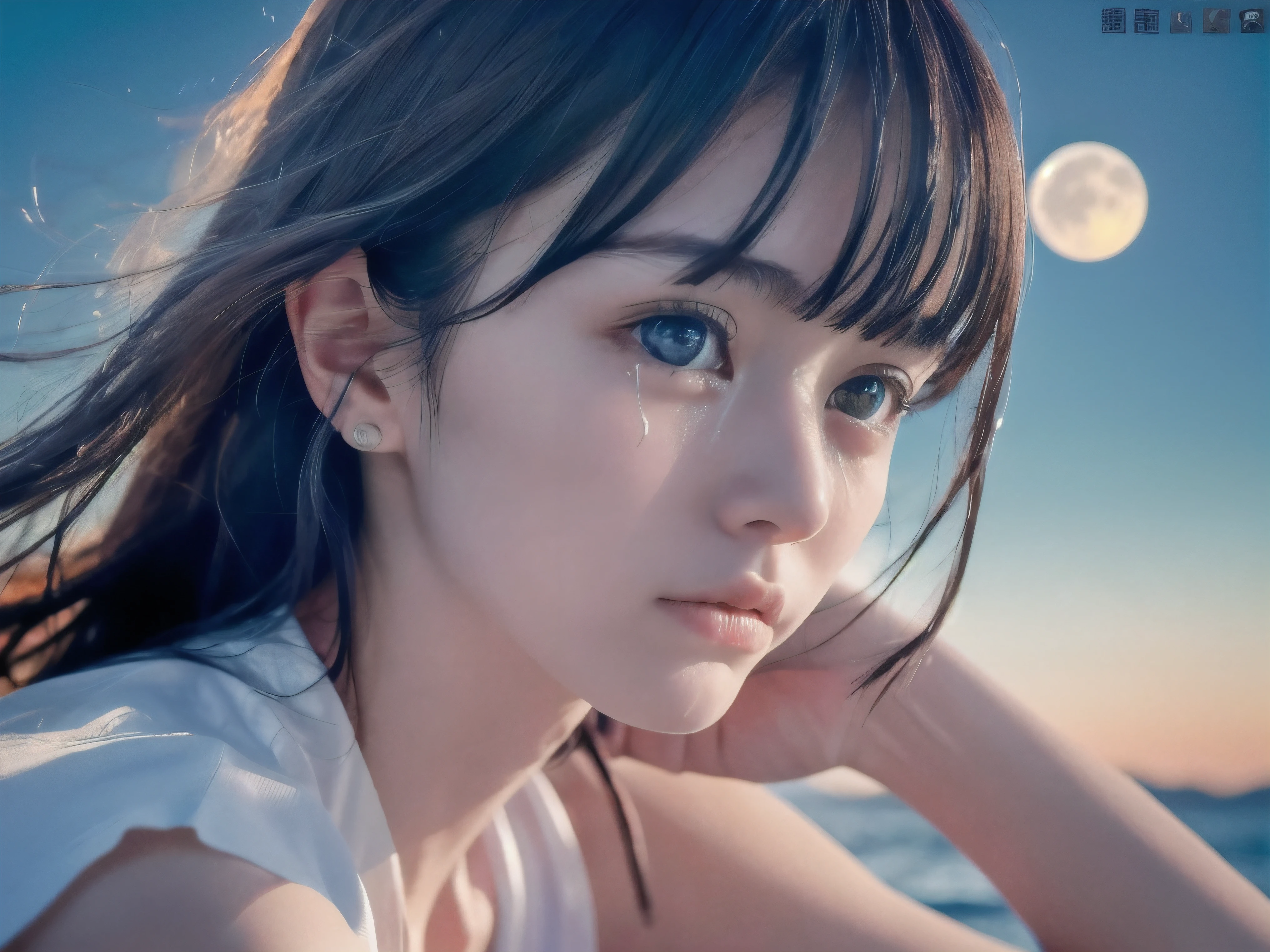 (Close up face shot of slender small-breasted dark silver long hair with swept bangs girl wearing a white summer dress:1.5)、(One girl is turn around and crying face with tears at the cape of the sea in Japan:1.5)、(Beautiful full moon night on the sea:1.5)、(blurred background:1.5)、(8k ultra detailed master piece:1.5)、(perfect anatomy:1.5)、(Photorealistic stick:1.5)、(Raw photo:1.3)、(highest quality:1.5)、(High resolution:1.3)、(Delicate and beautiful perfect face:1.3)、(Delicate and beautiful eye air skin:1.3)、(Real Human Skin:1.3)、((thin legs))