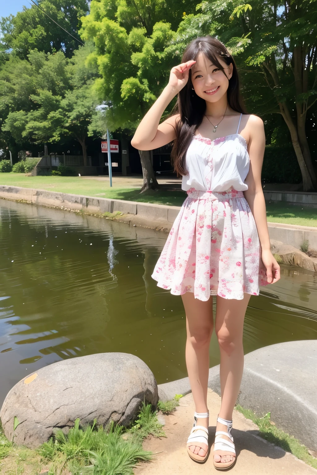 Standing near a deserted river、High school girls、Summer clothes、Cute face like an idol、miling、Full body portrait