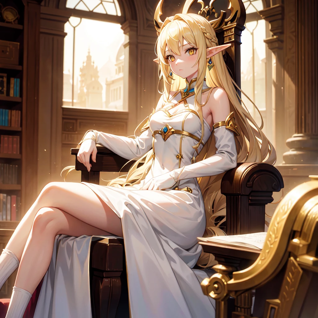 1 elf girl, long blonde hair, yellow eyes, wearing creamy white elf dress, brown accessories on arm wrists and ankles, sitting in a throne inside a library, high res, ultrasharp, 8k, masterpiece